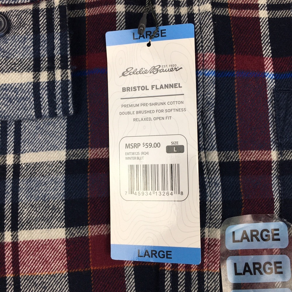 Eddie Bauer Shirt Mens Large Flannel Blue/Gray Plaid Bristol NEW MRSP 59.00 - Picture 4 of 9